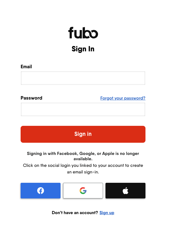 Pantalla de inicio de sesión de la cuenta de Fubo en fubo.tv