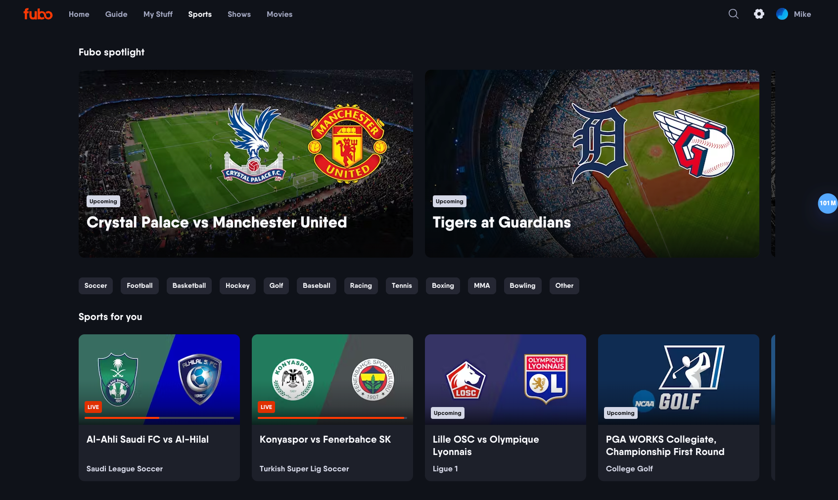 Sección principal de la pantalla de deportes de la aplicación web de Fubo