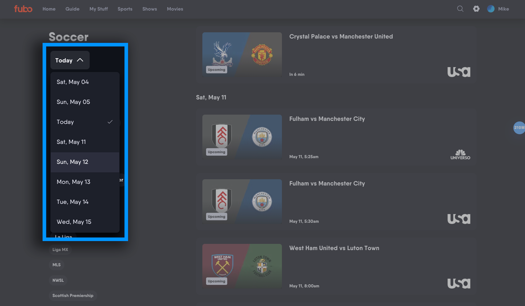 Filtro de fecha en la pantalla de deportes de la aplicación web de Fubo