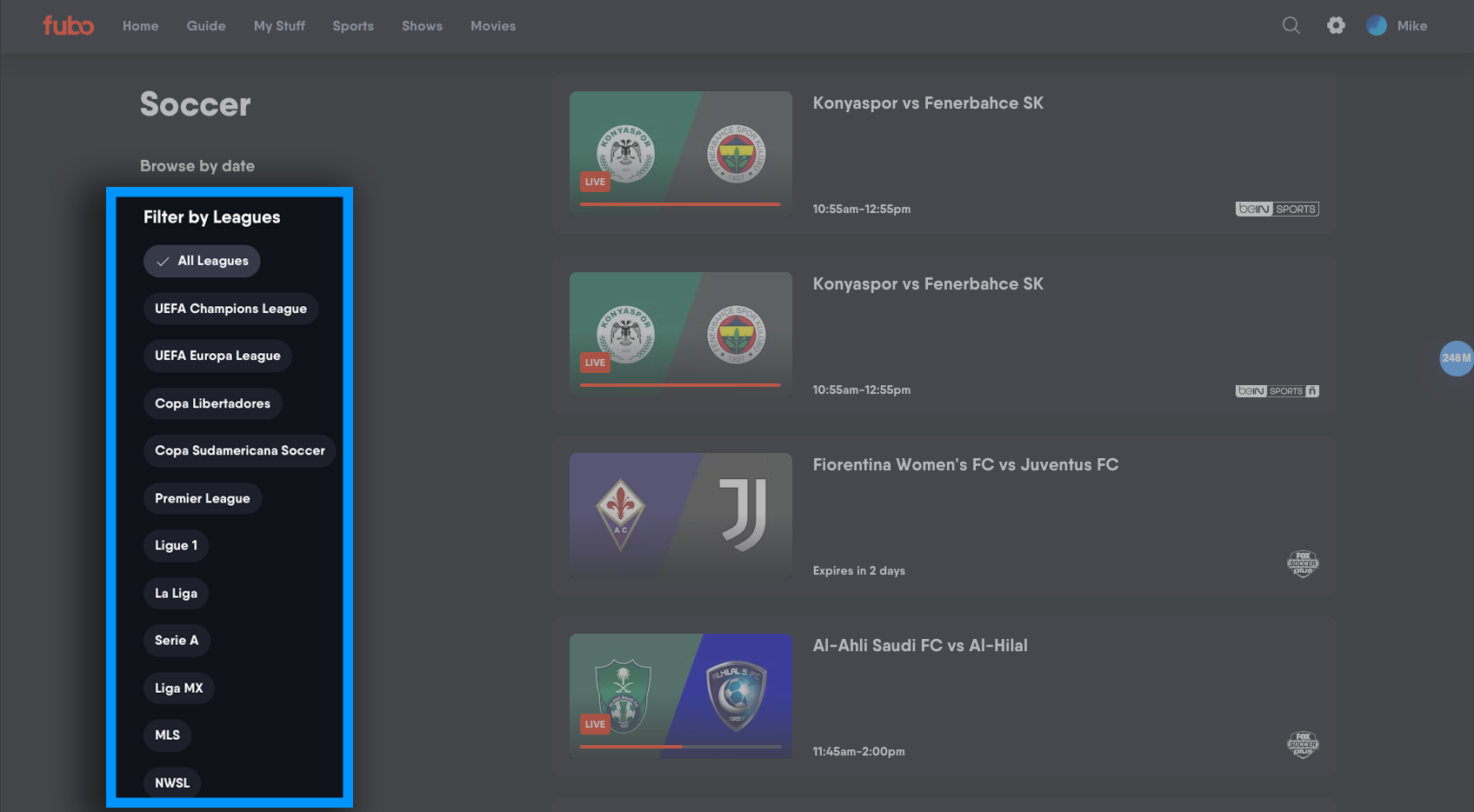 Filtros de liga en la pantalla de deportes de la aplicación web de Fubo