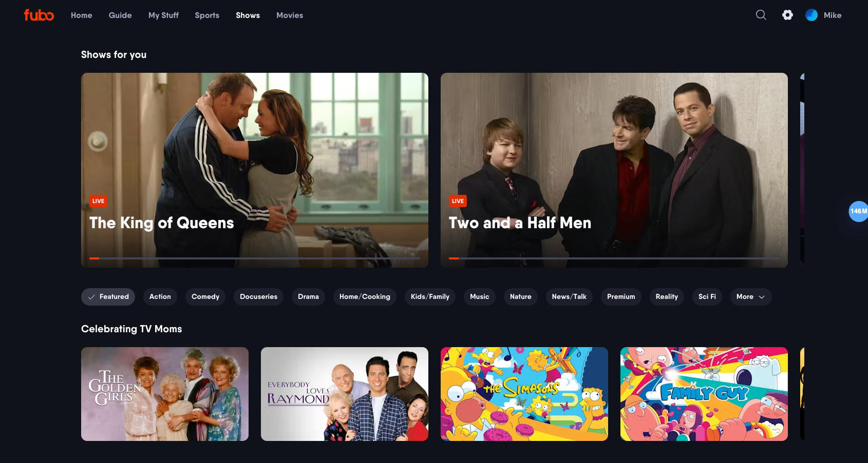 Página de programas de la aplicación web de Fubo