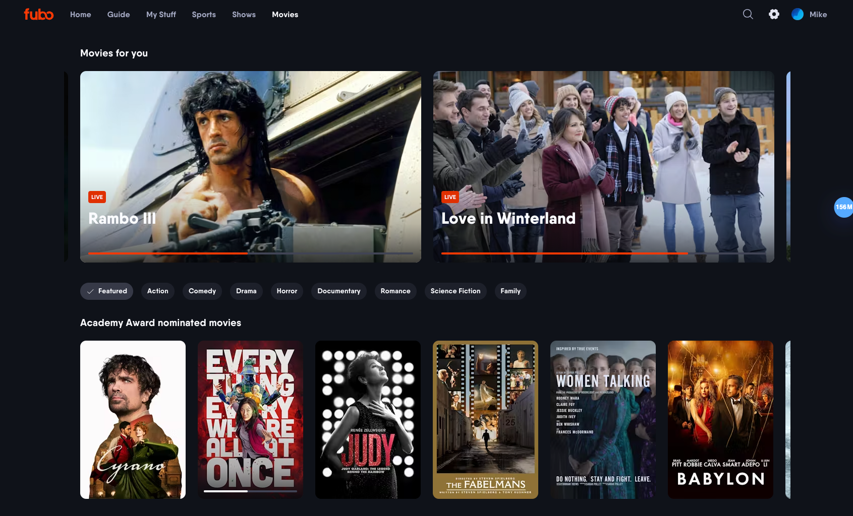 Página de películas de la aplicación web de Fubo