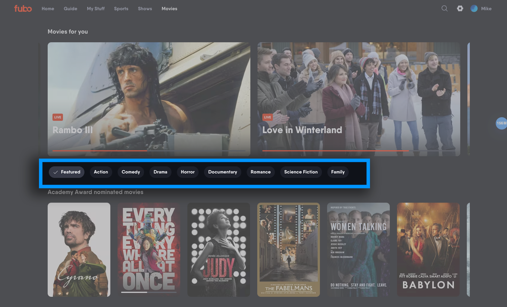 Filtros disponibles en la página de películas de la aplicación web de Fubo