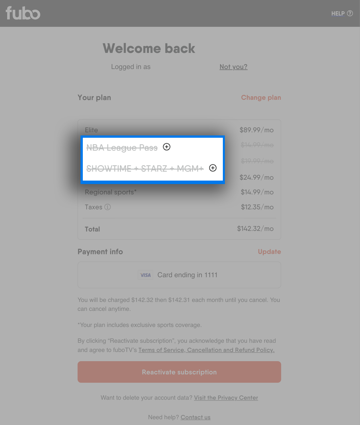 Paquetes adicionales destacados eliminados de una suscripción