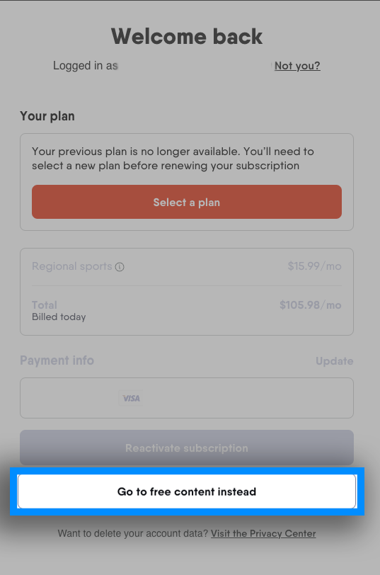 Selecciona Ir al contenido gratuito en su lugar al iniciar sesión en una cuenta expirada para ver Fubo Free