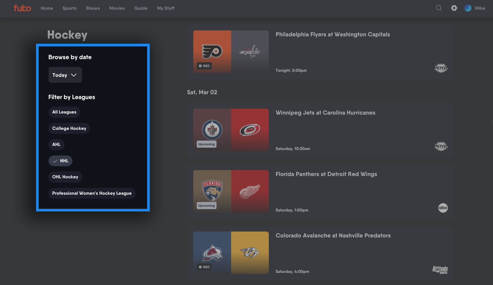 La pantalla de Deportes de FuboTV en un navegador mostrando próximos partidos de la NFL