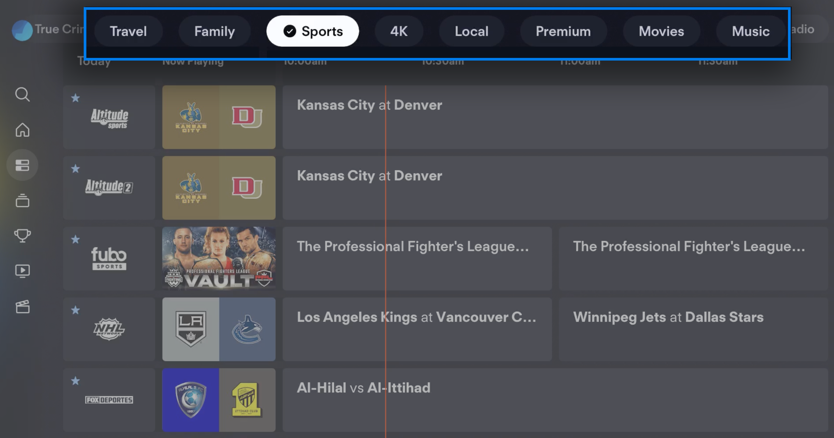 La guía de canales de FuboTV en un navegador con el filtro de Deportes seleccionado
