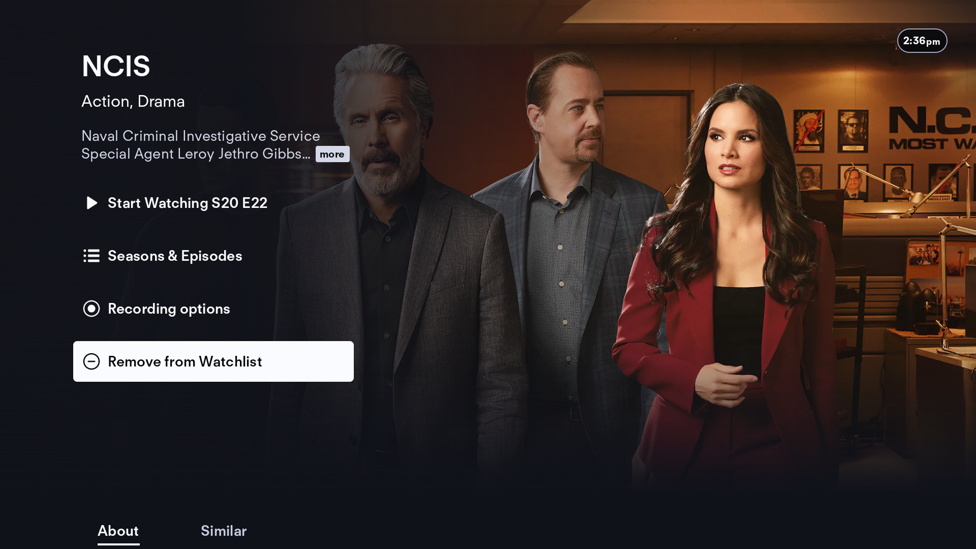 Página de serie de la app de FuboTV con el botón QUITAR DE MIS COSAS resaltado