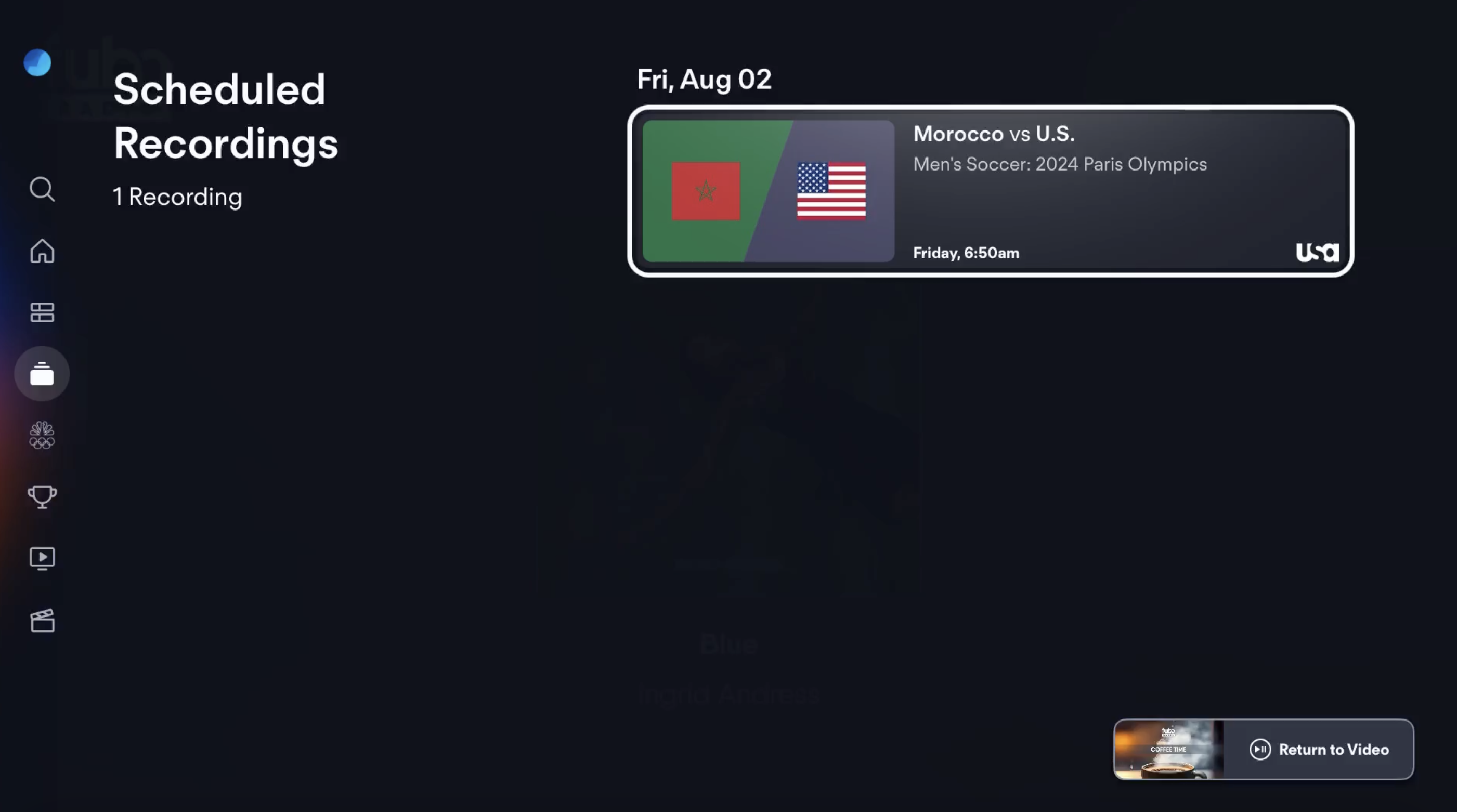 Grabaciones programadas de la pantalla MIS COSAS en la app de Fubo