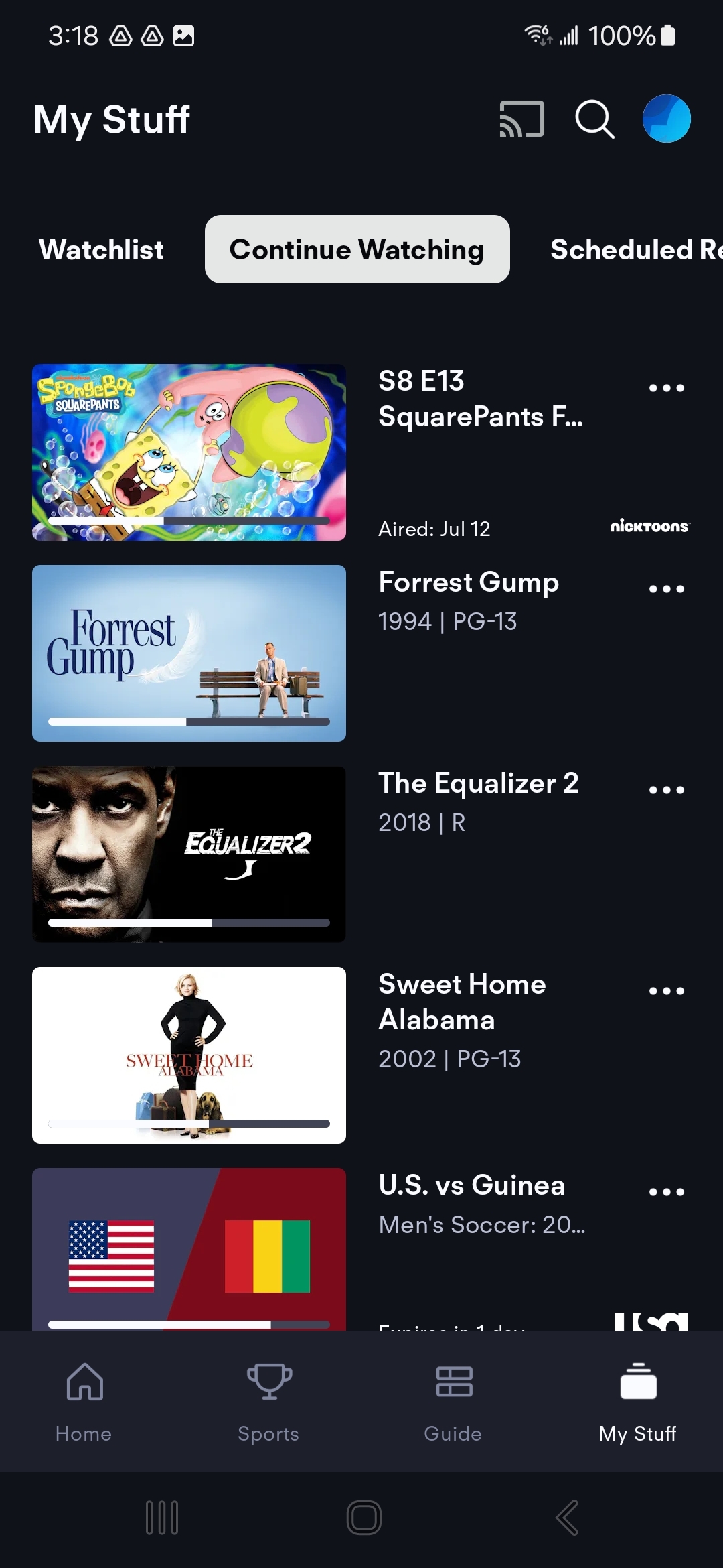Pantalla de Seguir viendo en la app móvil de Fubo