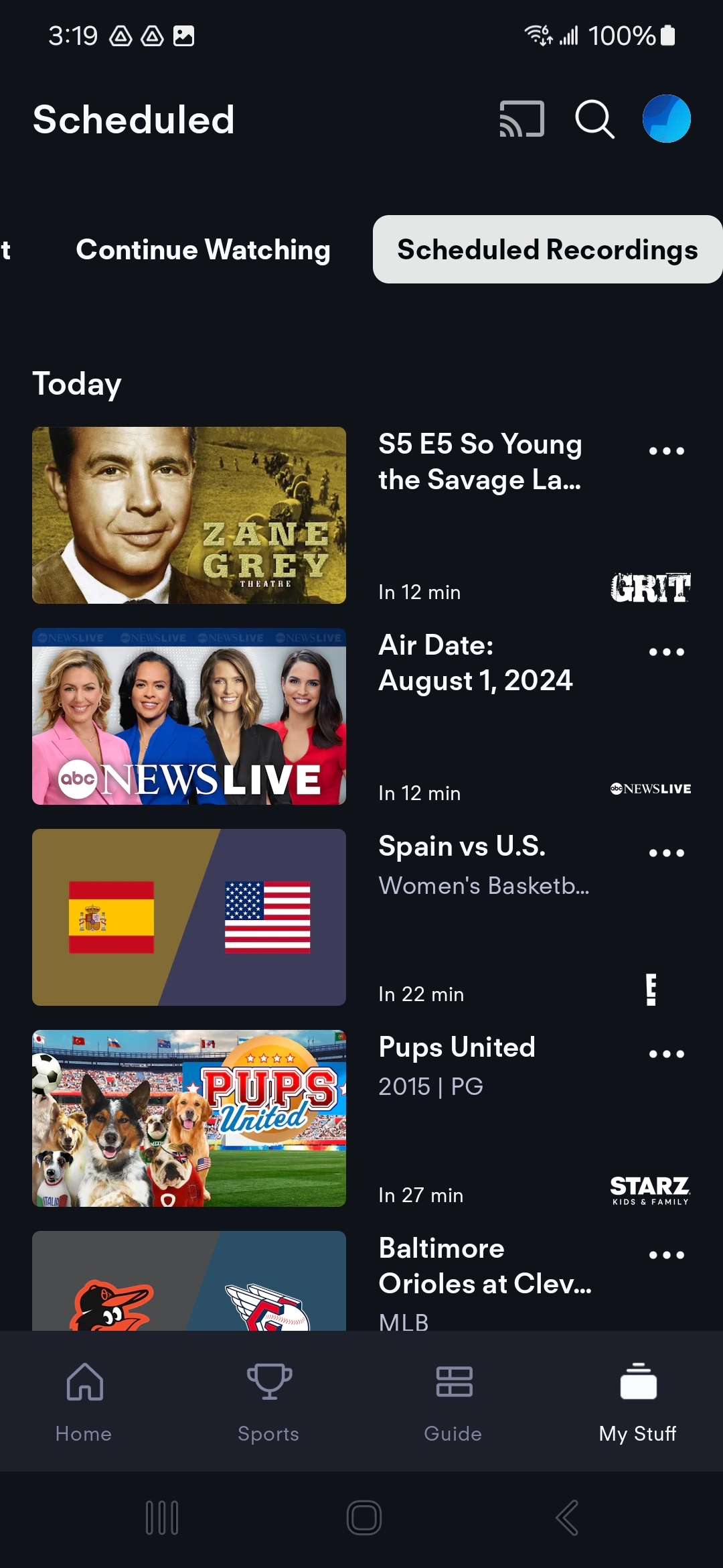 Pantalla de Grabaciones Programadas en la app móvil de Fubo