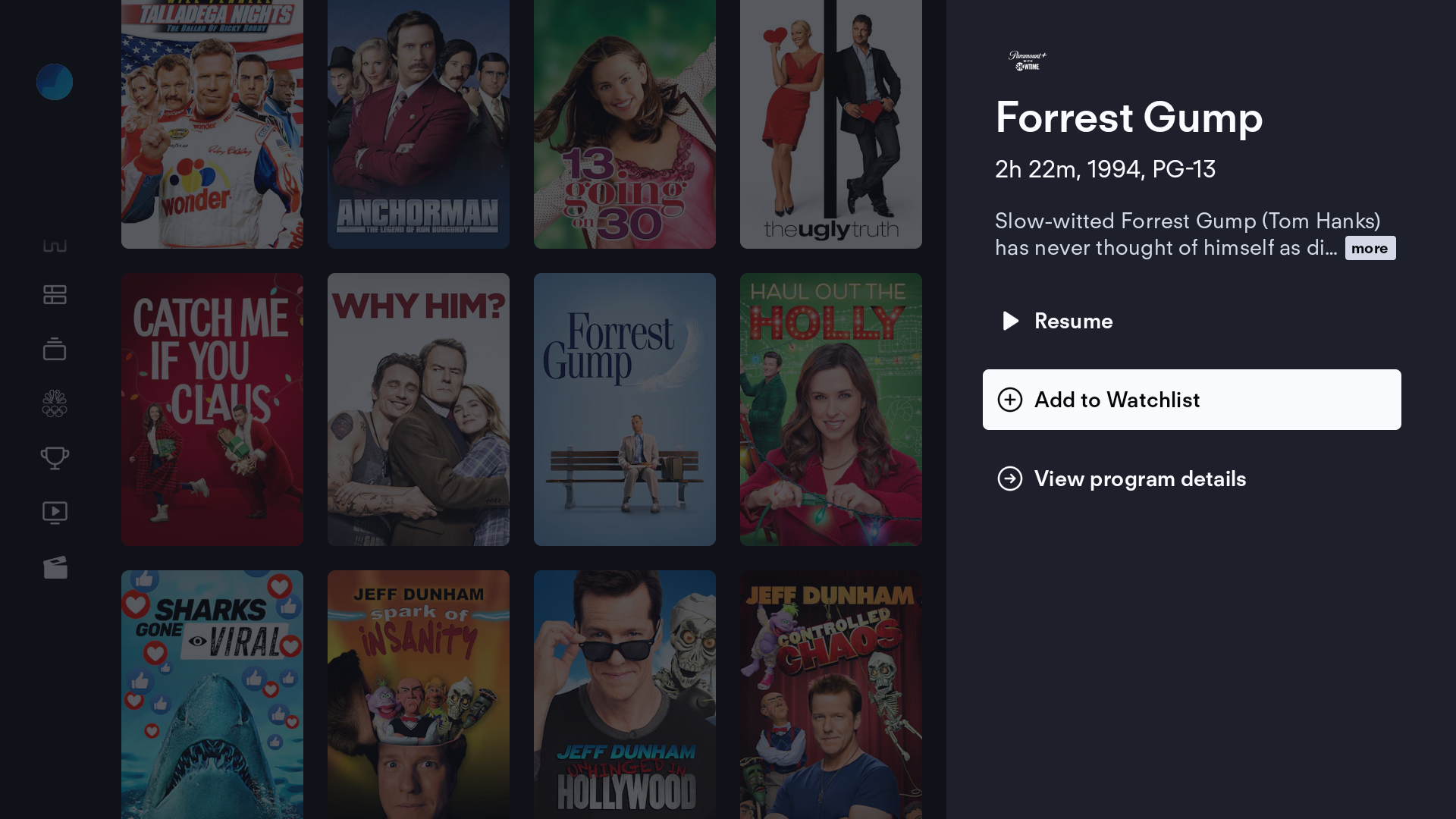 Pantalla de información de un programa desde la app de FuboTV en un dispositivo conectado o Smart TV con AGREGAR A MIS COSAS resaltado
