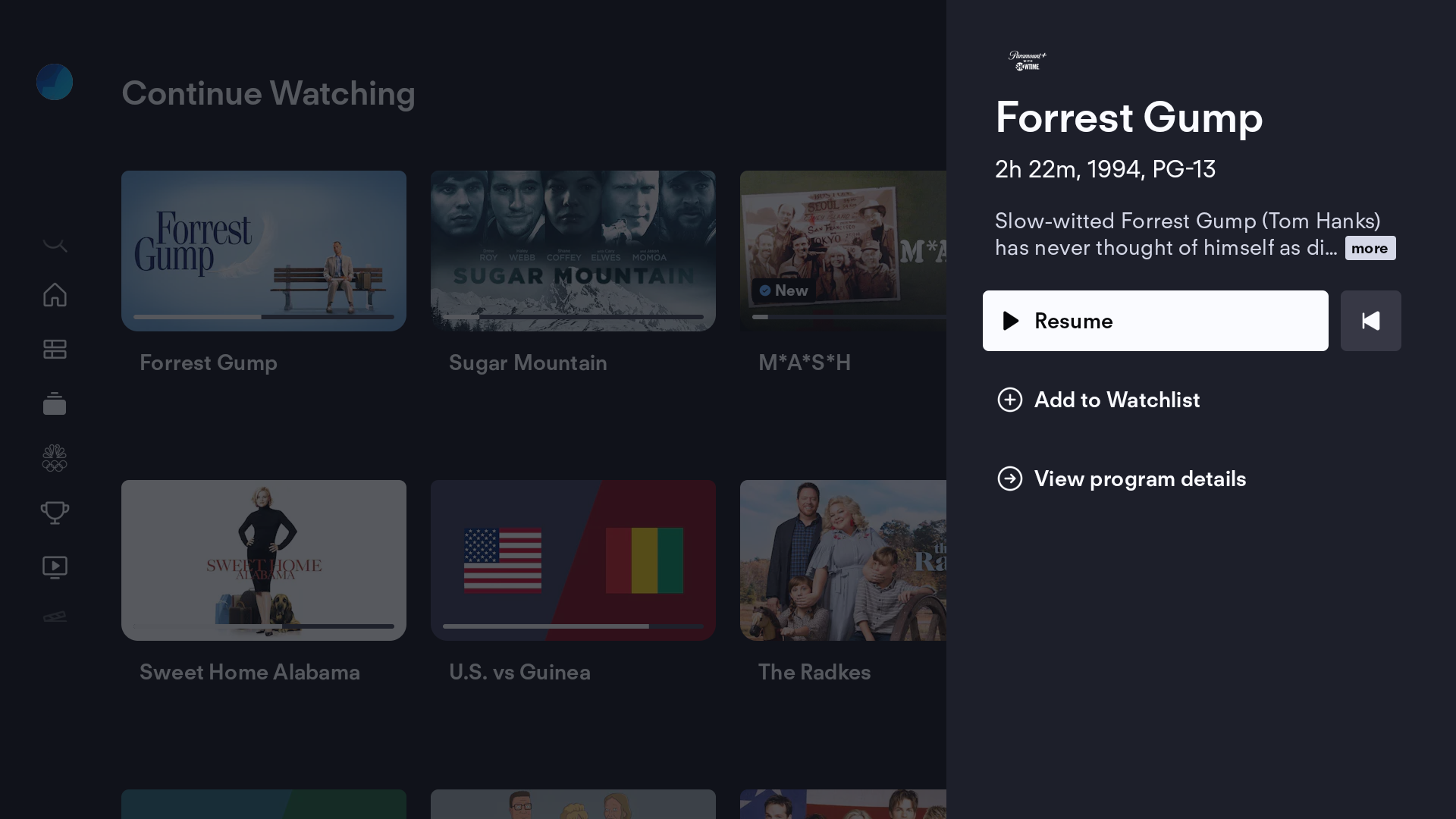 Pantalla de información del programa previamente visto en FuboTV con el botón REANUDAR resaltado