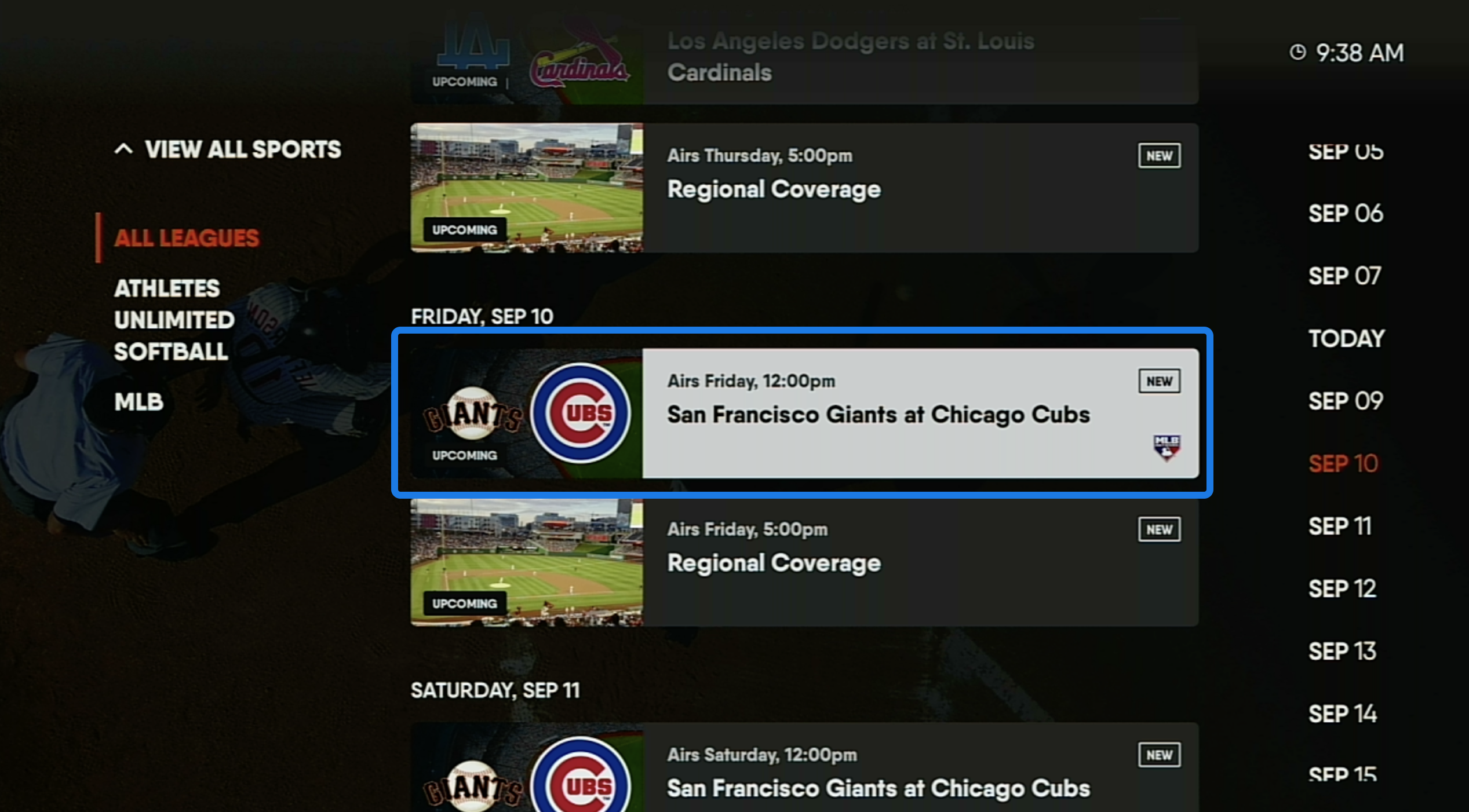 Pantalla DEPORTES de la app FuboTV en Amazon Fire TV con un partido de béisbol próximo resaltado