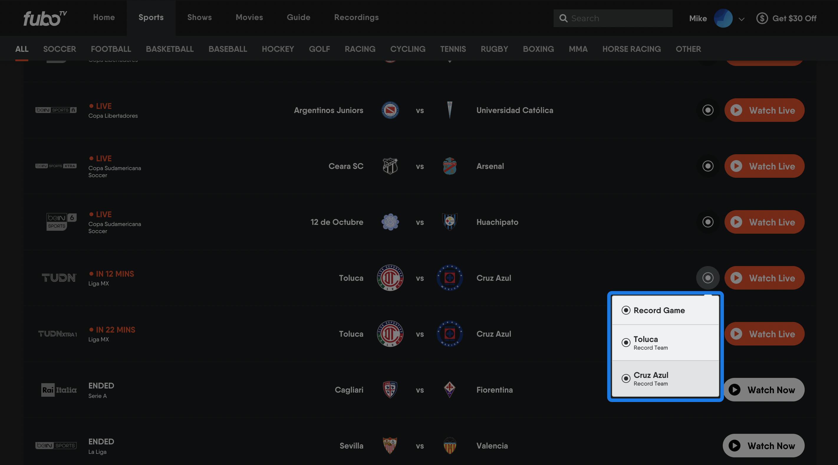 Pantalla DEPORTES de FuboTV en un navegador con OPCIONES DE GRABACIÓN seleccionadas y resaltadas
