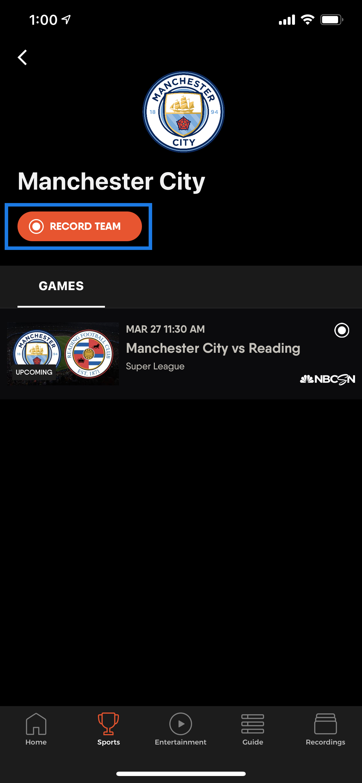 Pantalla de INFO DE EQUIPO para Manchester City en la app FuboTV para iOS con la opción GRABAR EQUIPO resaltada