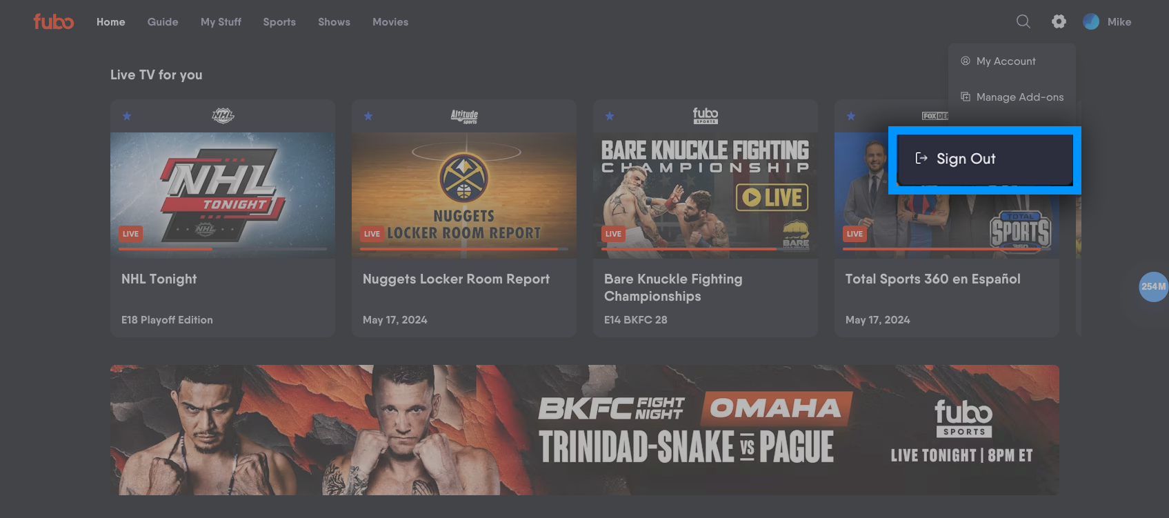 Cerrar sesión en la app de Fubo seleccionando Cerrar sesión desde el menú de configuración