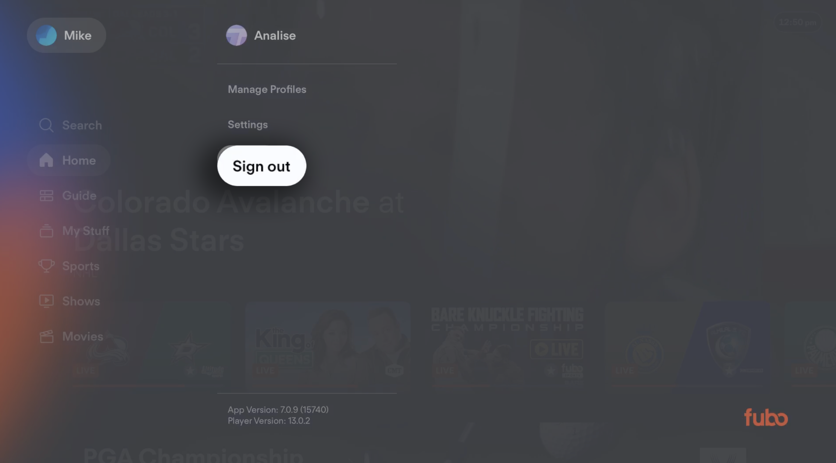 Opción de cerrar sesión en el menú de configuración de la app de Fubo en un dispositivo conectado
