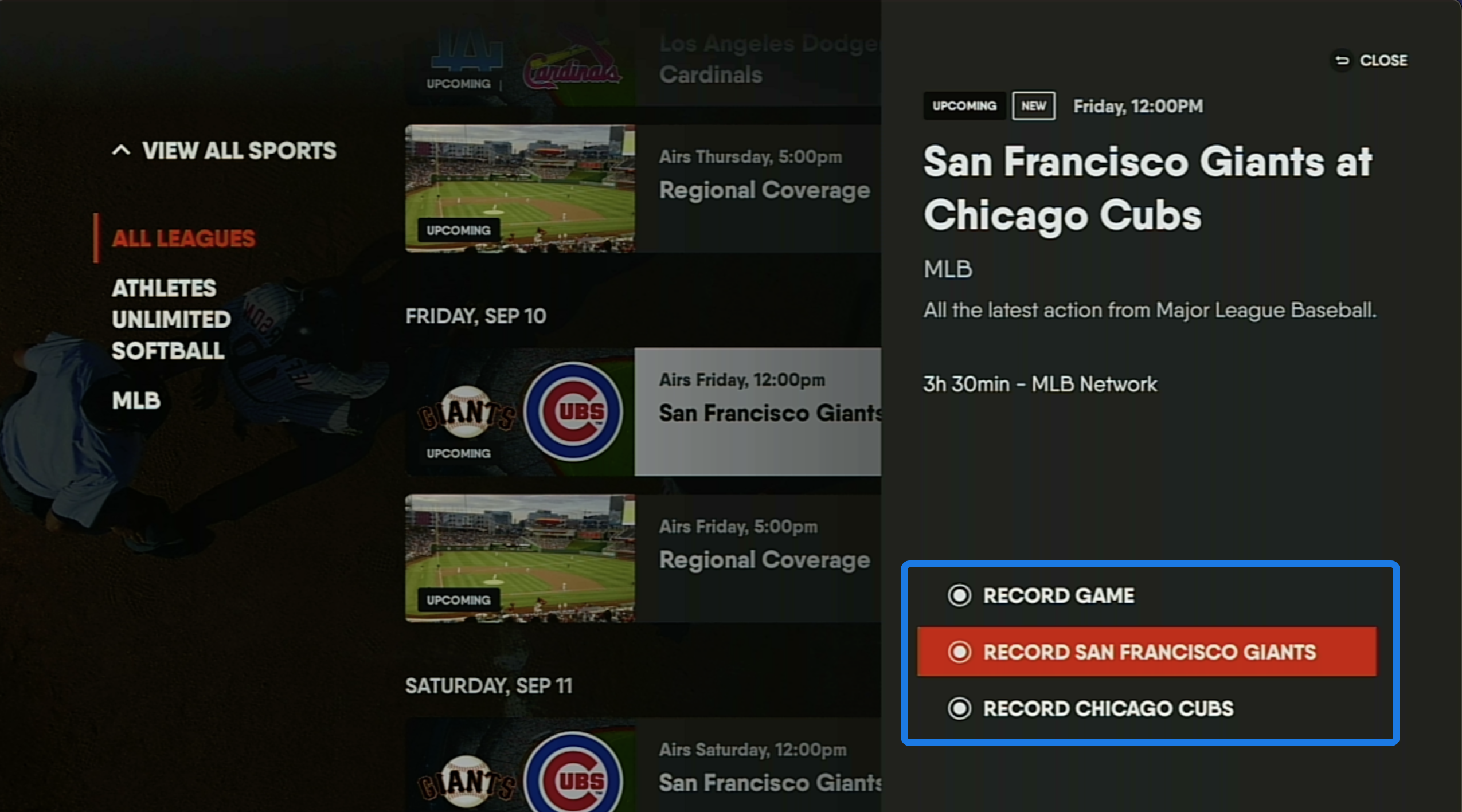 Pantalla de información del programa para un partido de béisbol próximo en la app FuboTV para Amazon Fire TV con OPCIONES DE GRABACIÓN resaltado