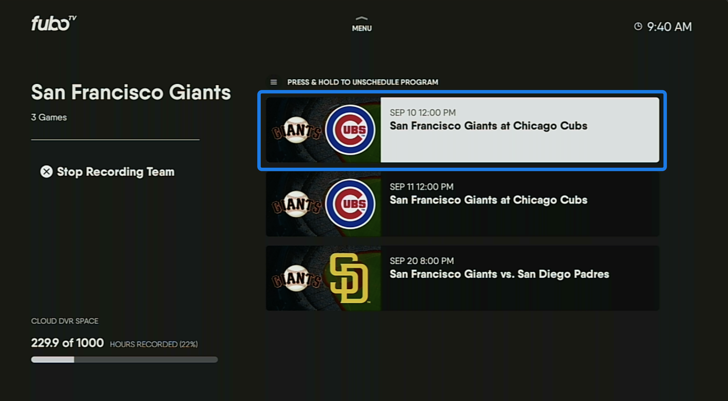 Grabaciones PROGRAMADAS para un equipo de béisbol en la página MI CONTENIDO para la app FuboTV en Amazon Fire TV
