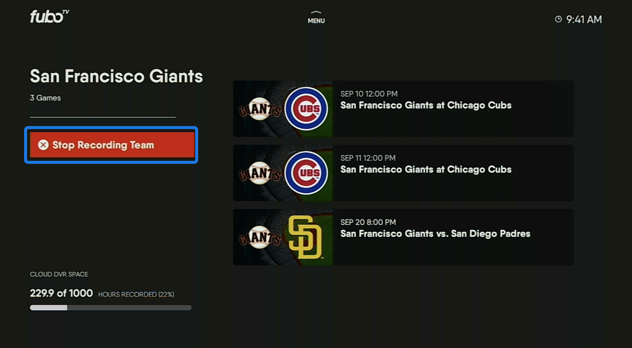 Grabaciones PROGRAMADAS para un equipo de béisbol en la página MI CONTENIDO para la app FuboTV en Amazon Fire TV con la opción DEJAR DE GRABAR EQUIPO resaltada
