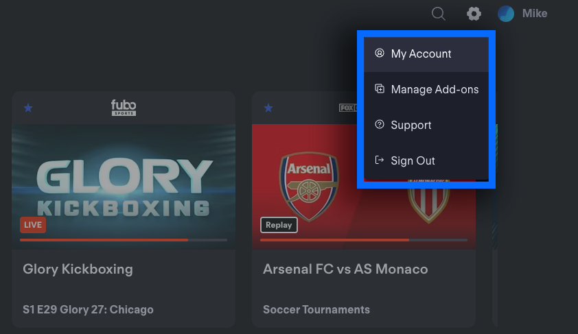 Menú desplegable de opciones en el sitio web de Fubo debajo del widget de Configuración
