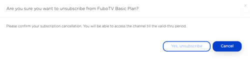 Pantalla de confirmación para cancelar una suscripción en my.roku.com con SÍ, CANCELAR SUSCRIPCIÓN resaltado