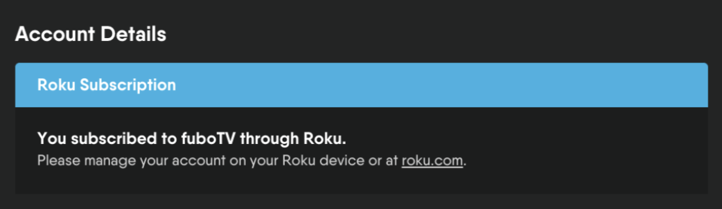 página de detalles de suscripción de una suscripción de FuboTV creada y facturada a través de Roku