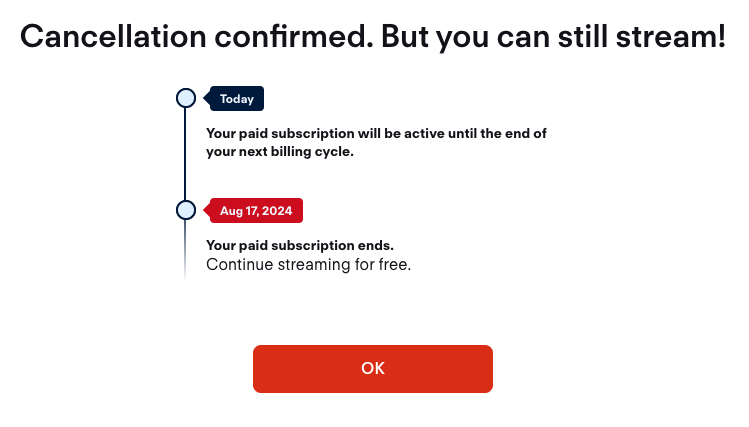Confirmación de una suscripción cancelada en el sitio web de Fubo