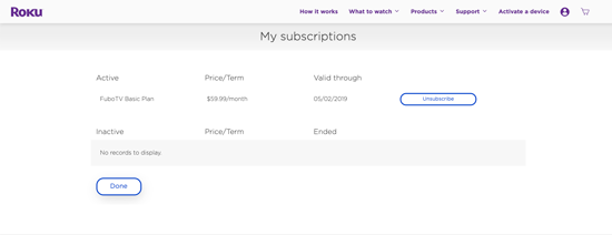 La página Mis suscripciones en my.roku.com con CANCELAR SUSCRIPCIÓN resaltado