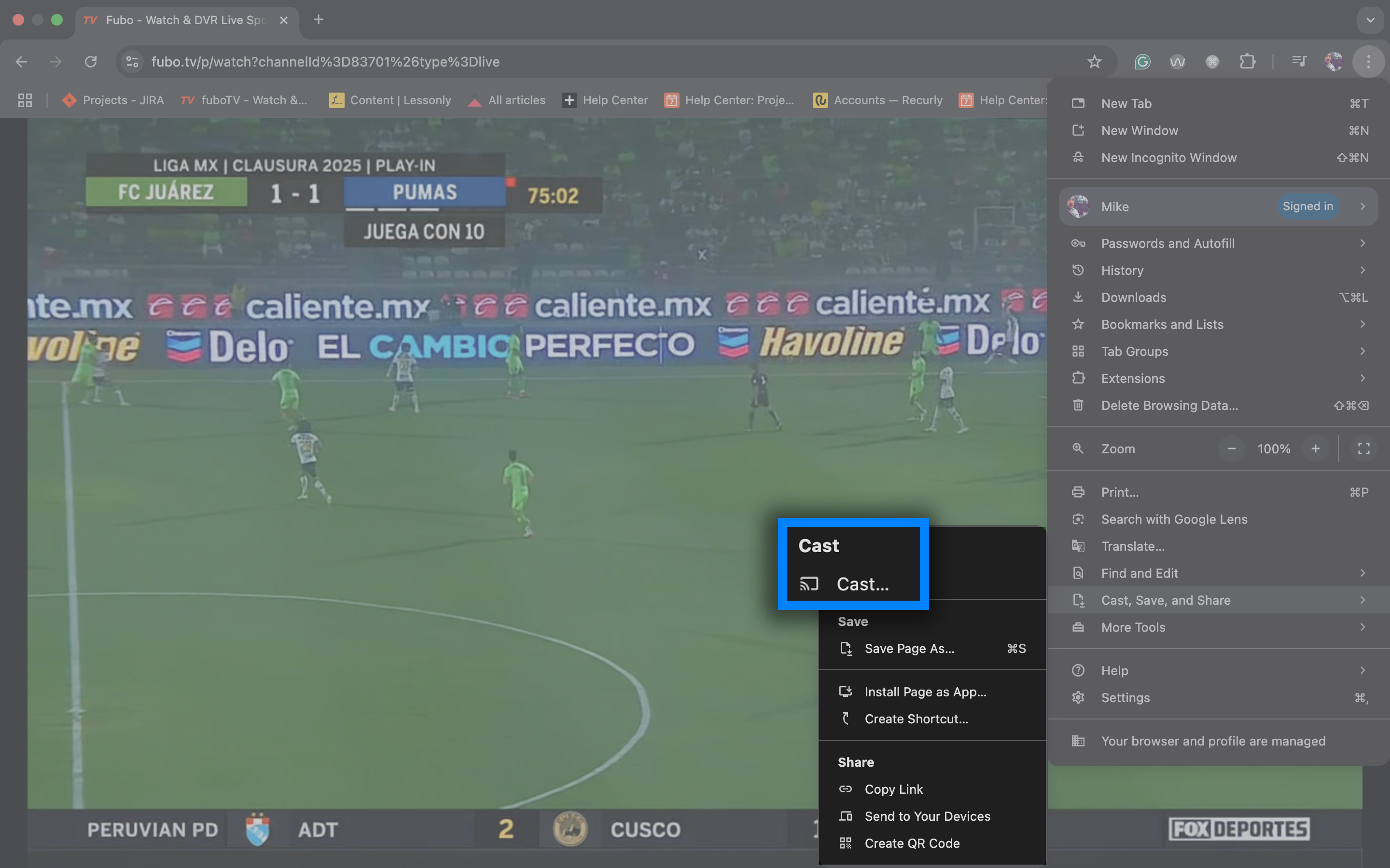 FuboTV en un navegador Google Chrome con el menú de opciones abierto y la opción de transmitir resaltada