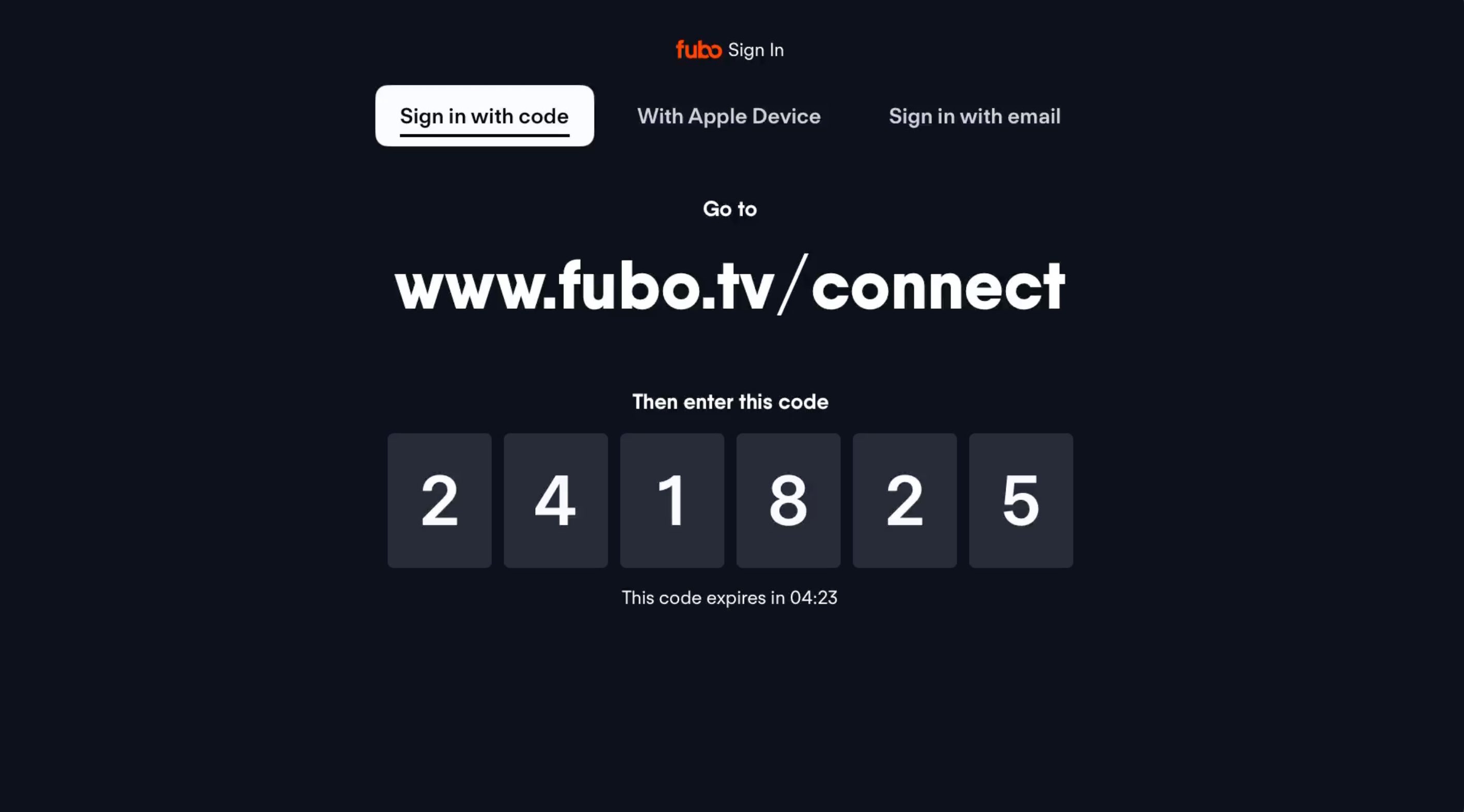 Código de activación de muestra para la aplicación de FuboTV en Apple TV, visita fubo.tv/connect e ingresa el código para iniciar sesión automáticamente