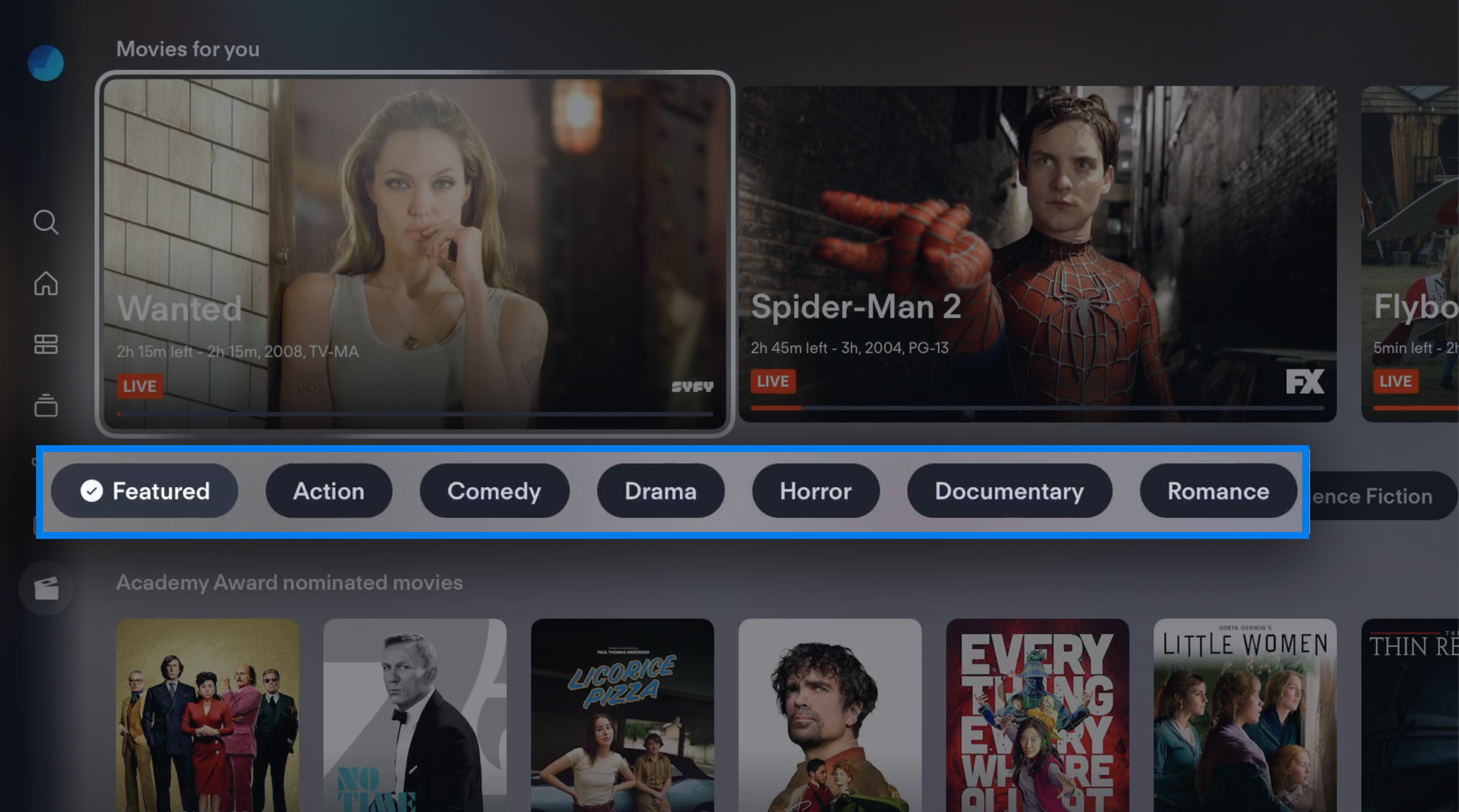 Pantalla de PELÍCULAS de la aplicación de Fubo en Apple TV con filtros de género resaltados