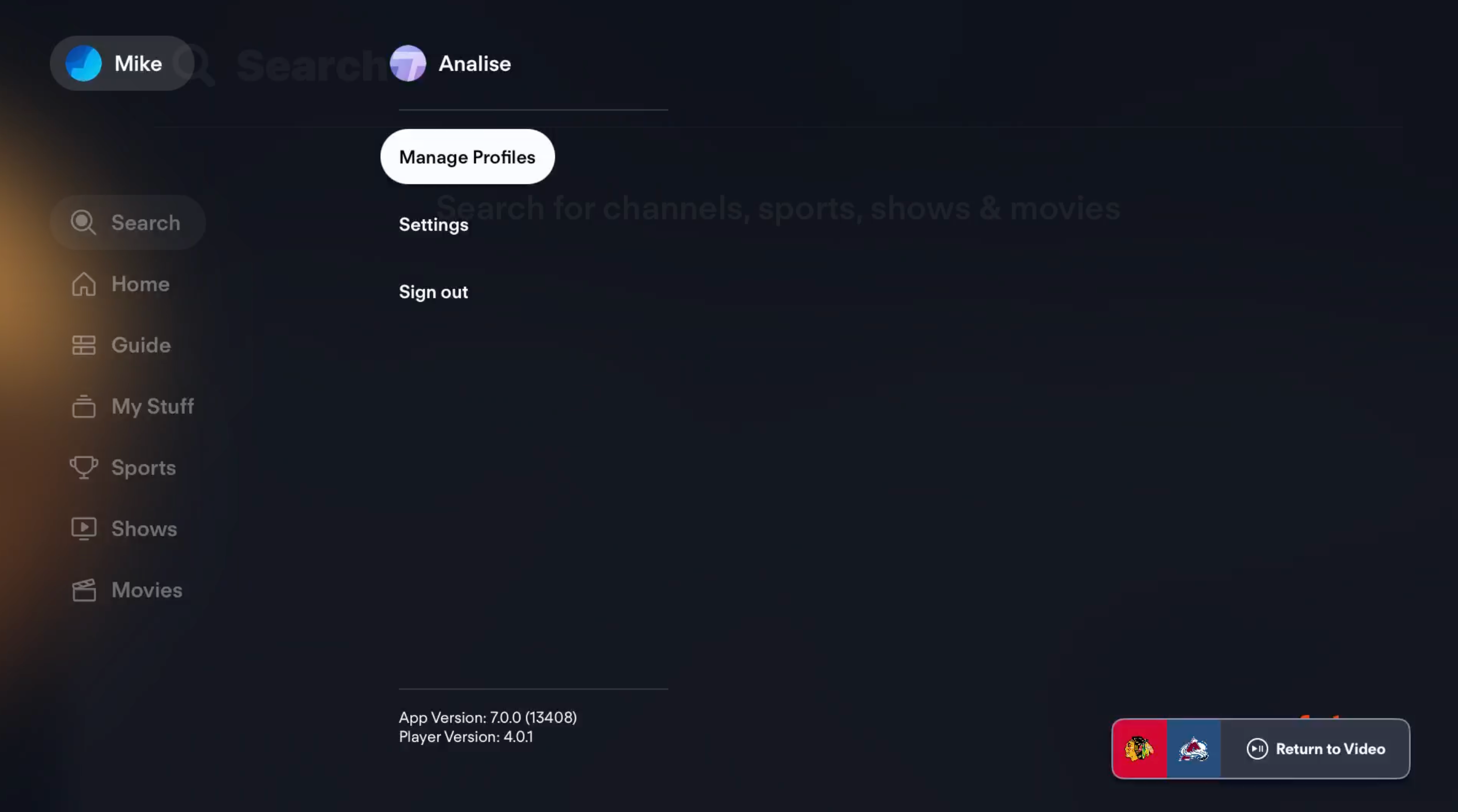 Página de CUENTA de la aplicación de Fubo en Apple TV, accesible al seleccionar el ícono de PERFIL en el menú superior