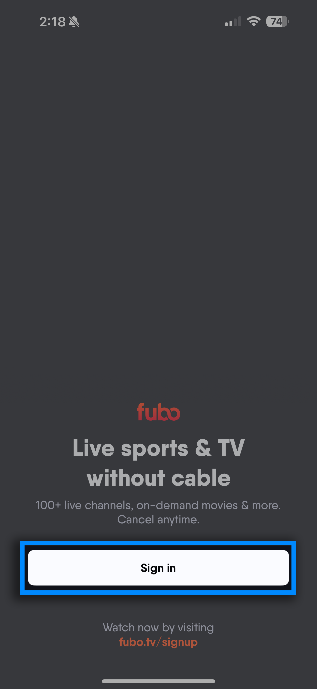 Pantalla de bienvenida de la aplicación móvil de Fubo