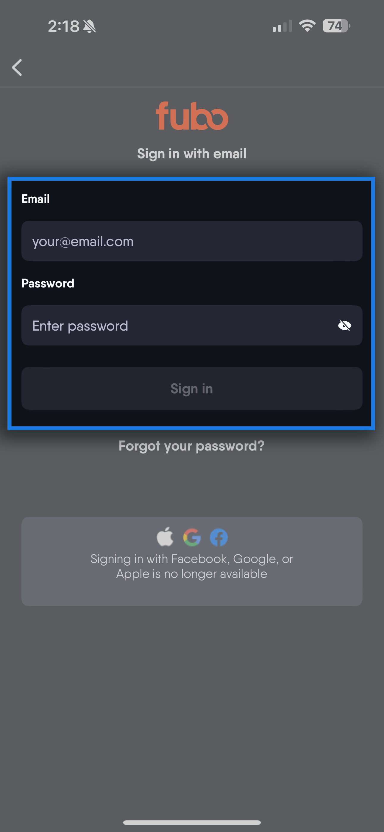 Pantalla de inicio de sesión de la aplicación móvil de Fubo