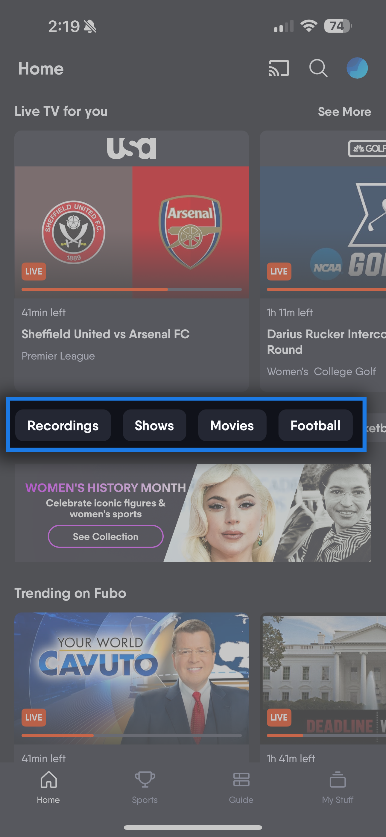 Filtros de programación en la pantalla de inicio de la aplicación móvil de Fubo