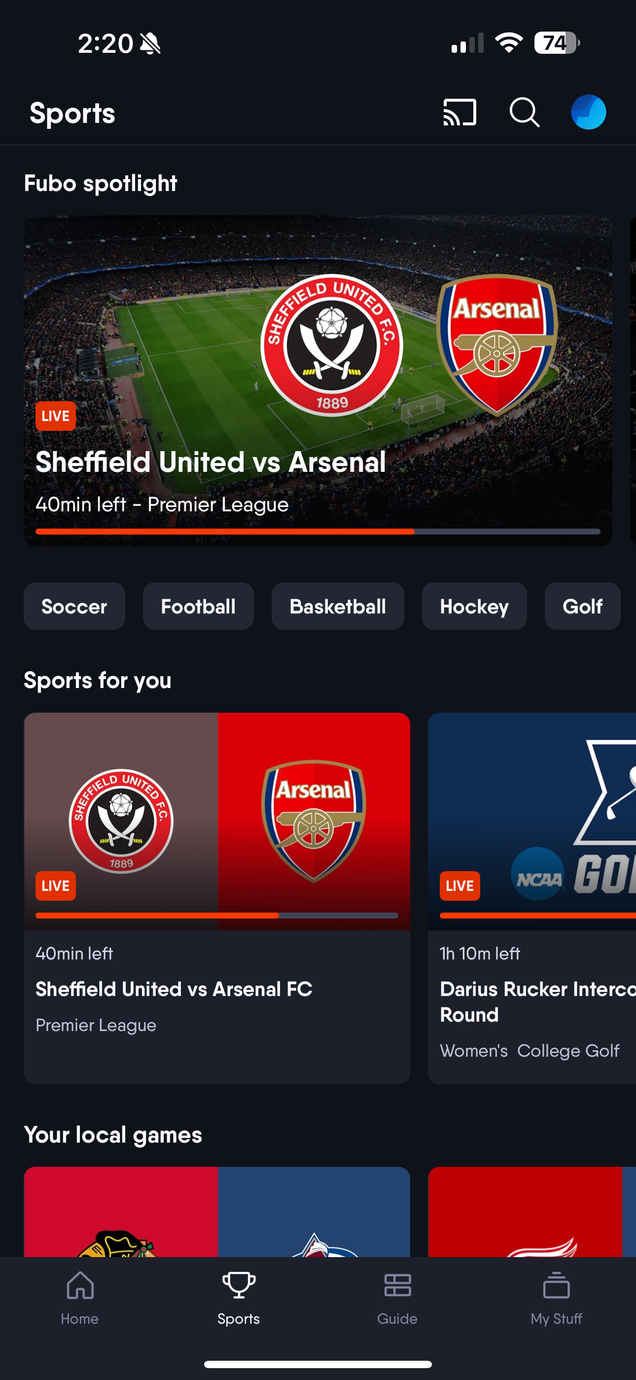 Pantalla de DEPORTES de la aplicación Fubo en iOS con diferentes eventos mostrados