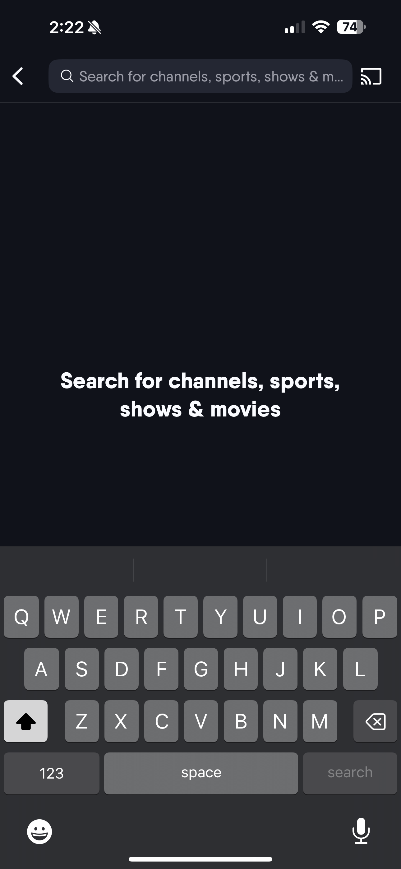 Pantalla de BÚSQUEDA de la aplicación Fubo en iOS