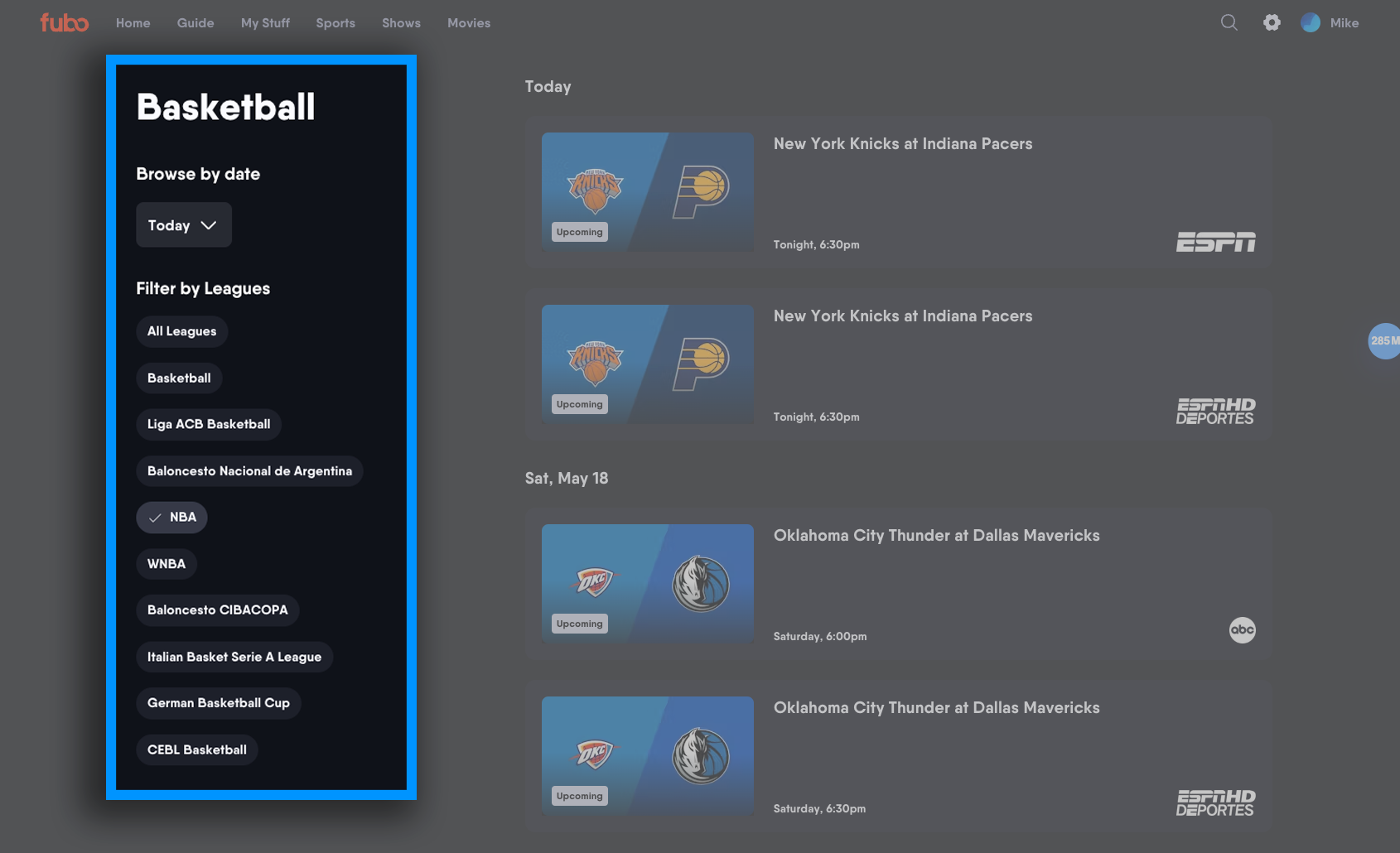 Pantalla de Deportes mostrando las ligas de baloncesto disponibles