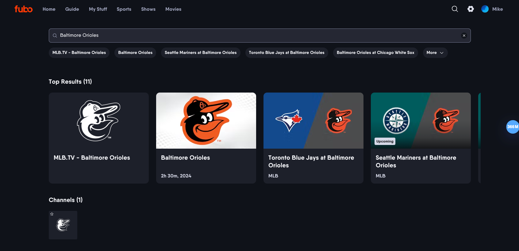 Resultados de búsqueda de un usuario buscando los Baltimore Orioles
