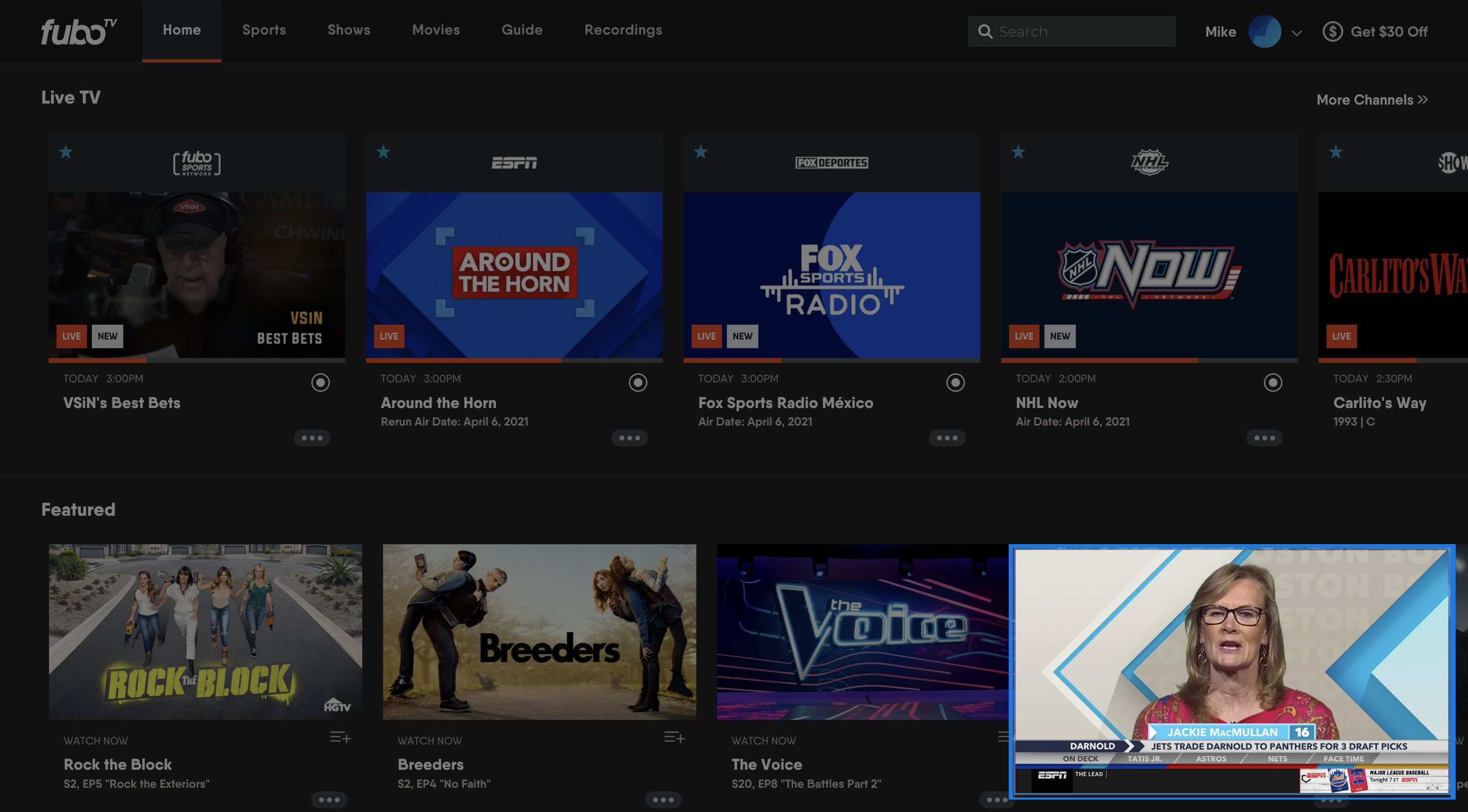 El minirreproductor de la aplicación web de FuboTV aparece en la esquina inferior derecha de la pantalla