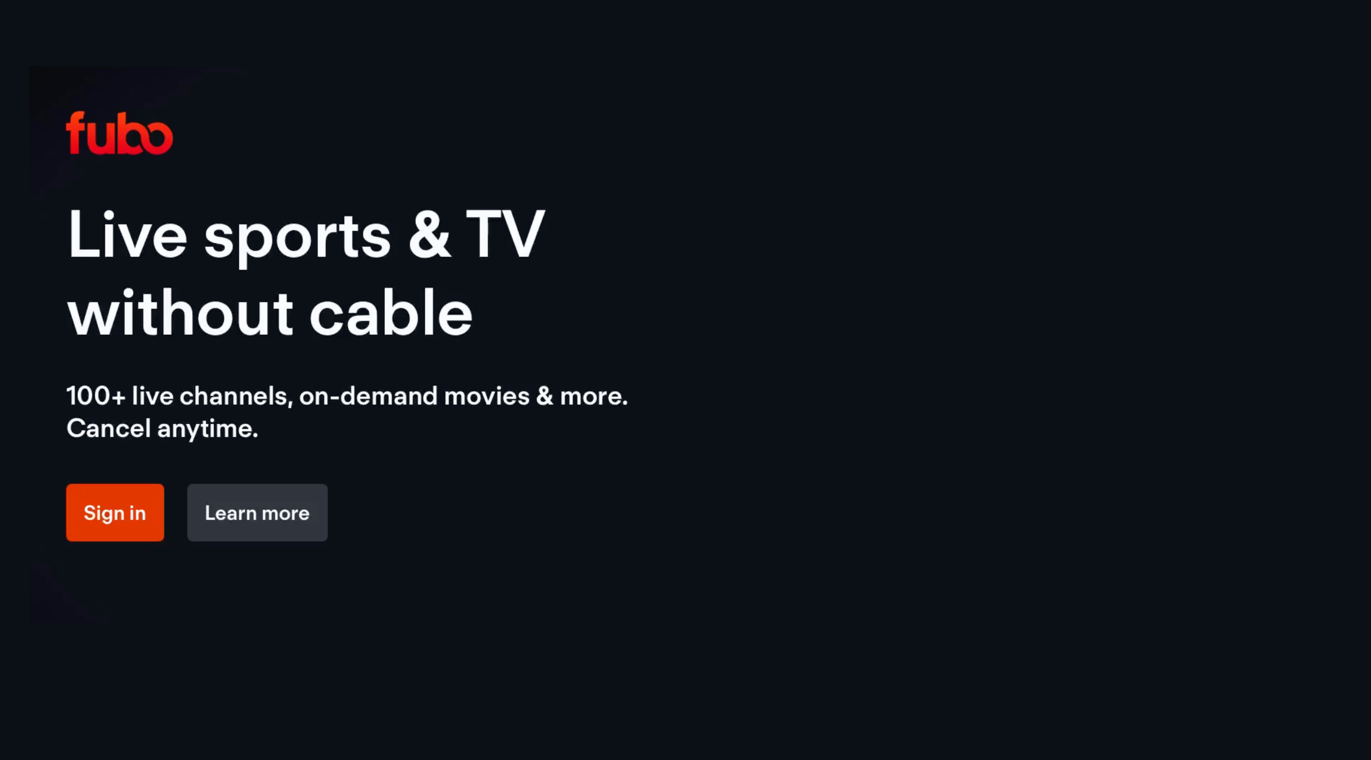 Pantalla de inicio de sesión de la aplicación de FuboTV en Apple TV, con opciones para iniciar sesión o obtener información de registro
