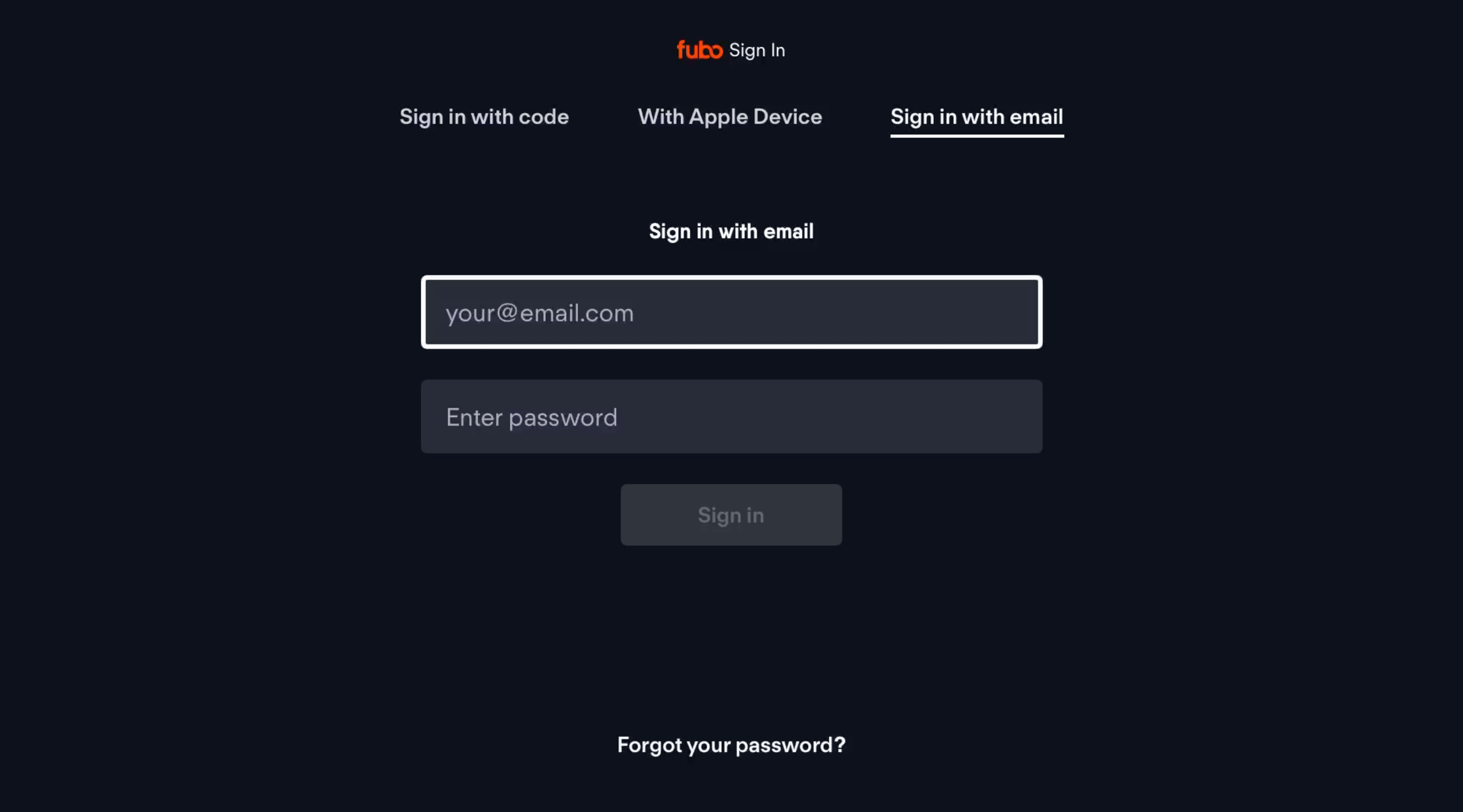 Pantalla de inicio de sesión con correo electrónico para la aplicación de FuboTV en Apple TV, con campos de correo electrónico y contraseña