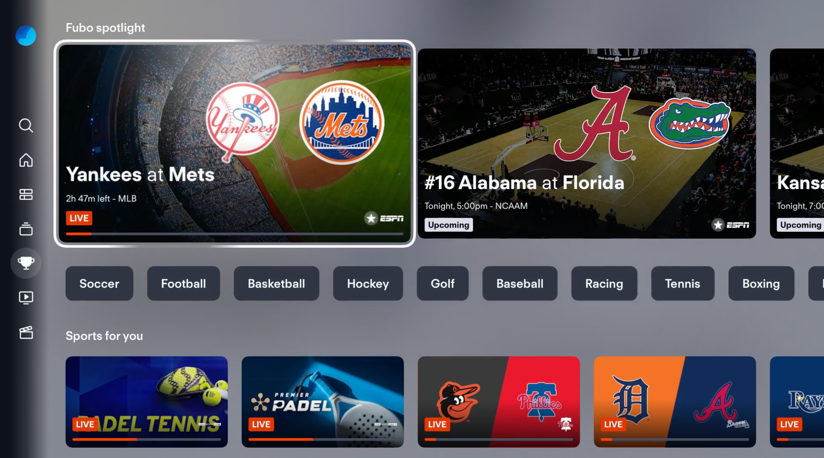 Pantalla de DEPORTES de la aplicación de FuboTV en Apple TV