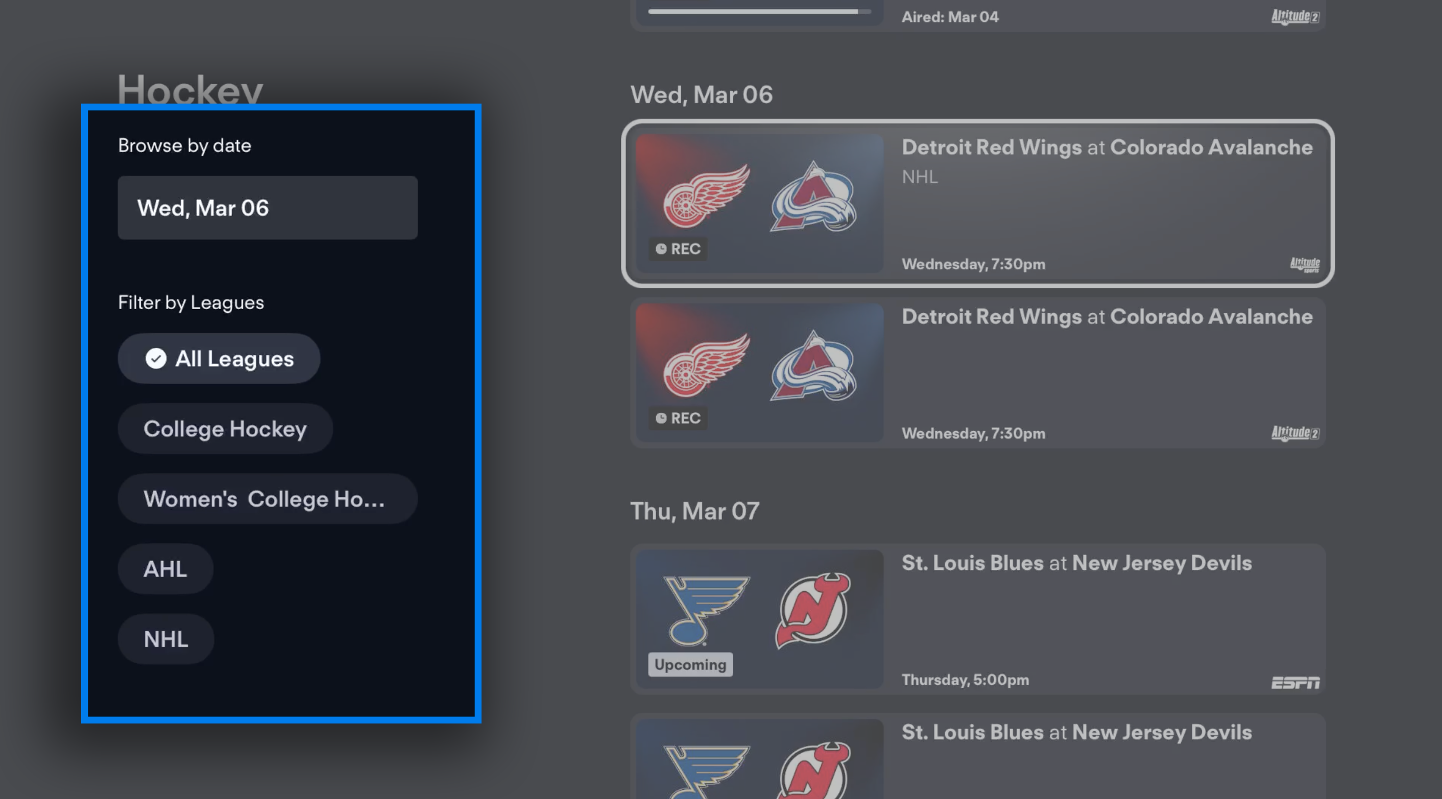 Pantalla de hockey de la aplicación de Fubo en un dispositivo conectado que muestra filtros de liga y fecha
