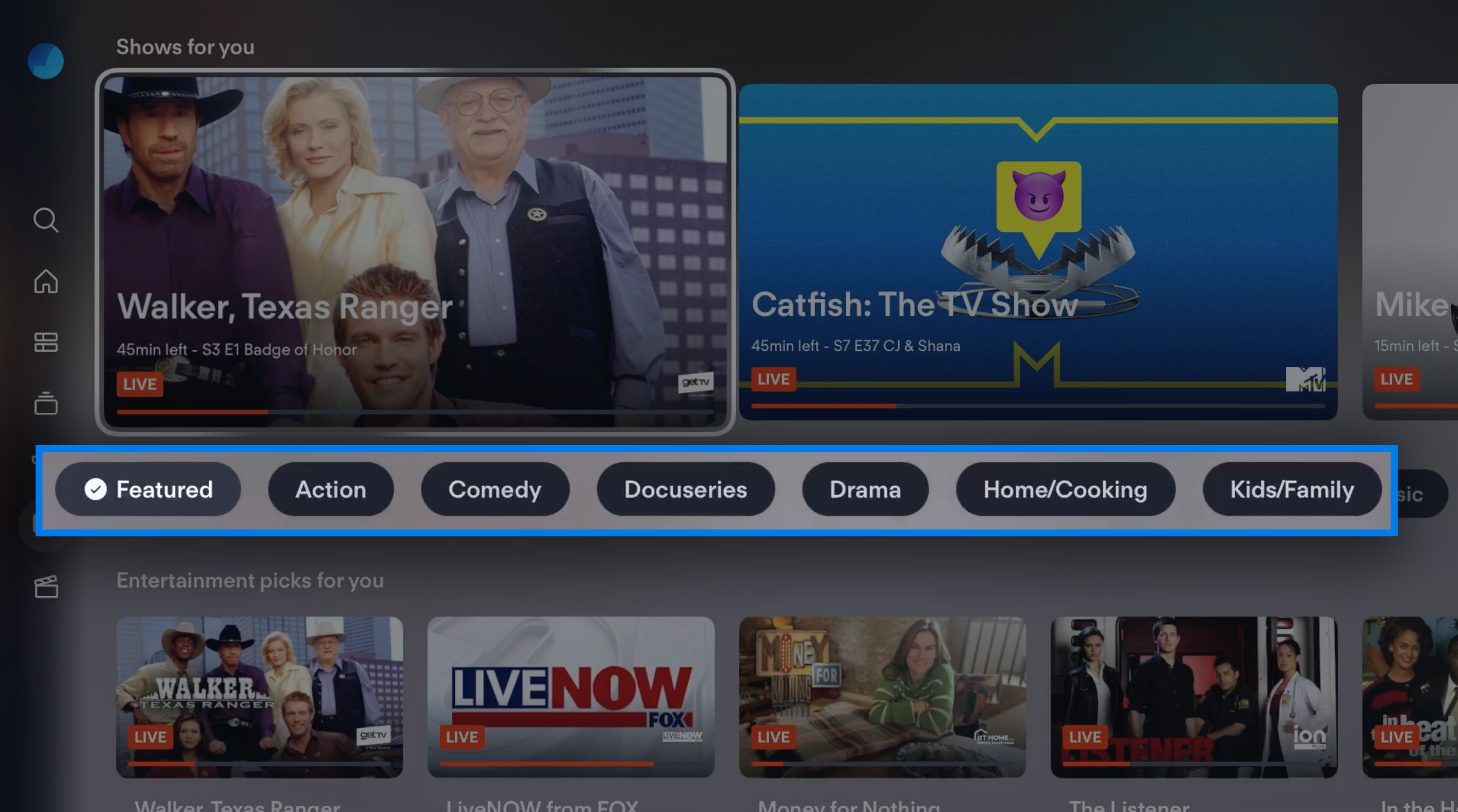 Pantalla de PROGRAMAS de la aplicación de Fubo en Apple TV con filtros de género resaltados