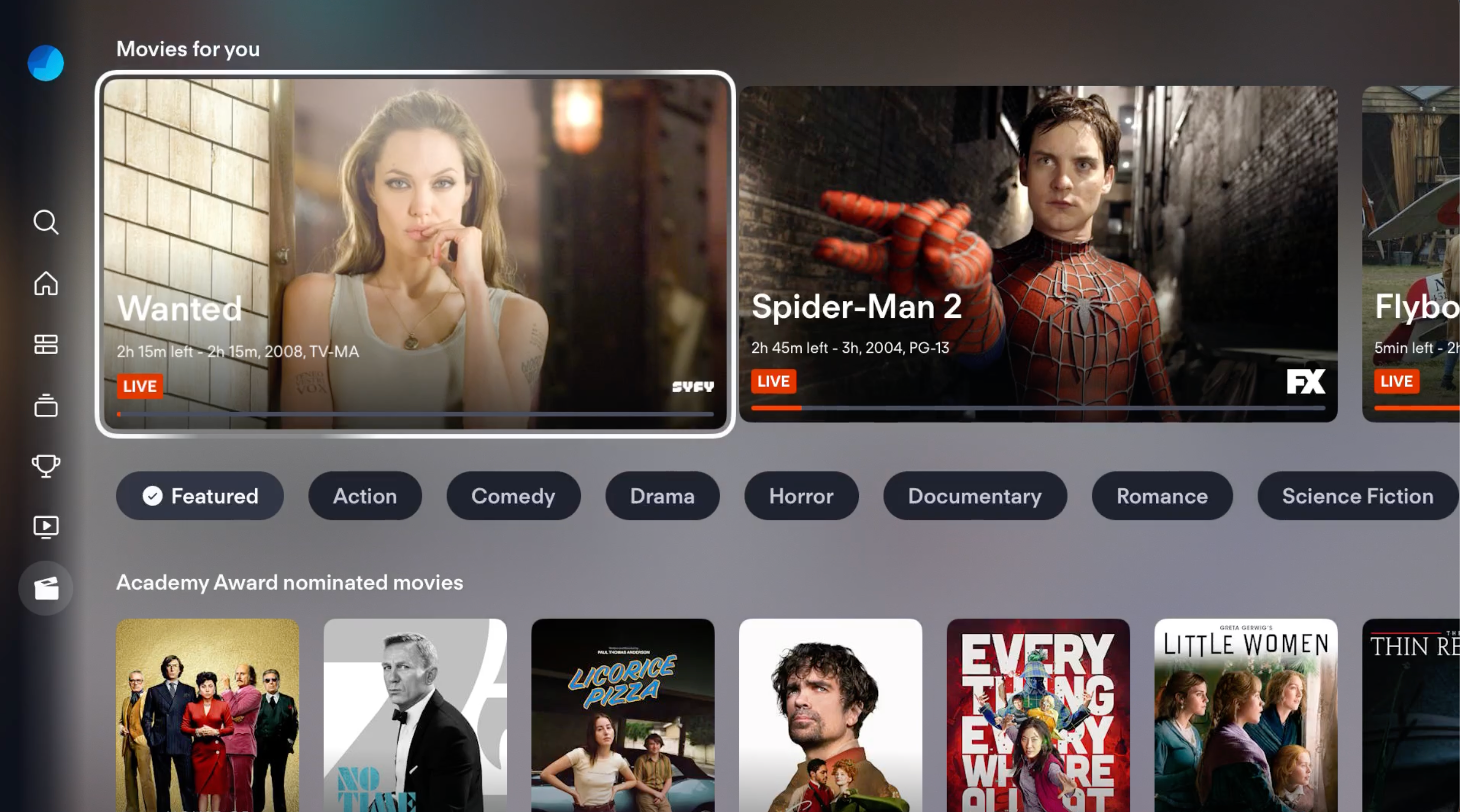 Pantalla de PELÍCULAS de la aplicación de Fubo en Apple TV con PELÍCULAS RECOMENDADAS resaltadas