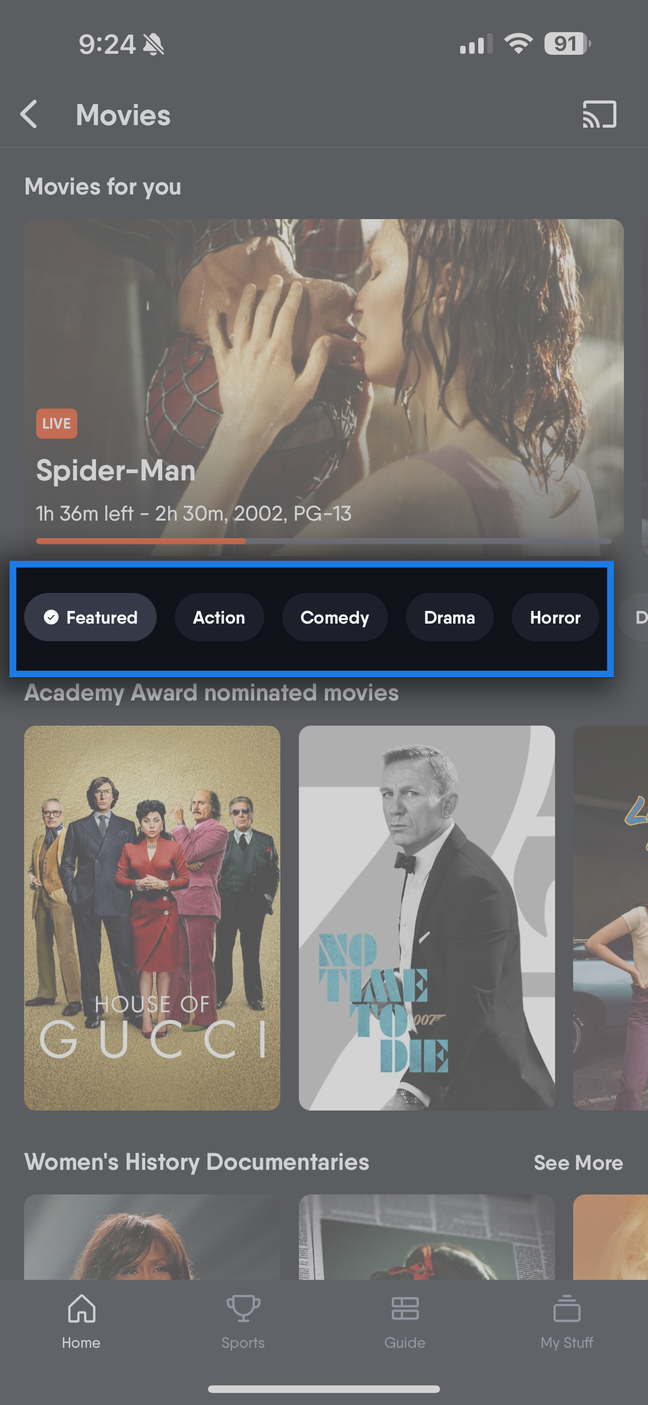 Pantalla de películas de la aplicación móvil de Fubo mostrando filtros disponibles