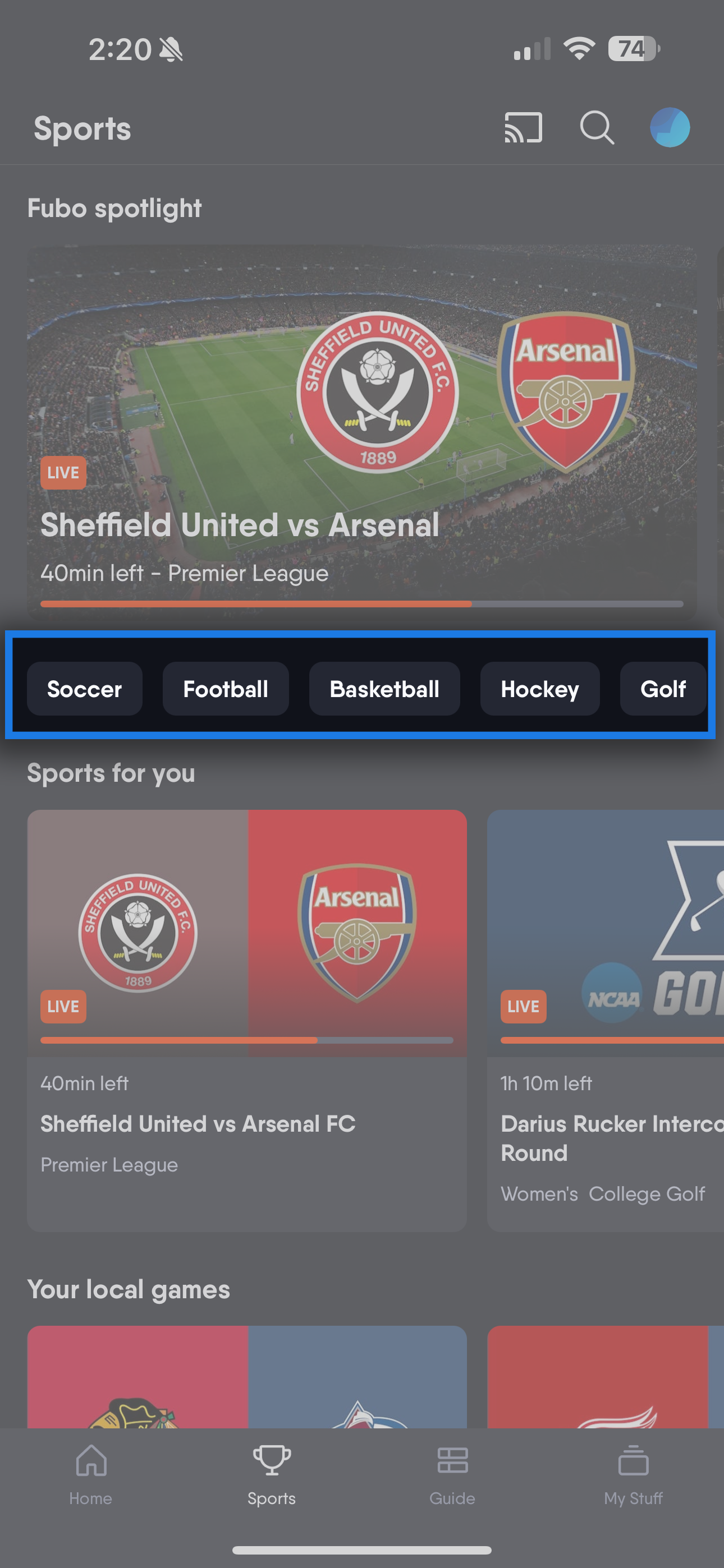 Filtros de género deportivo en la pantalla de deportes de la aplicación móvil de Fubo